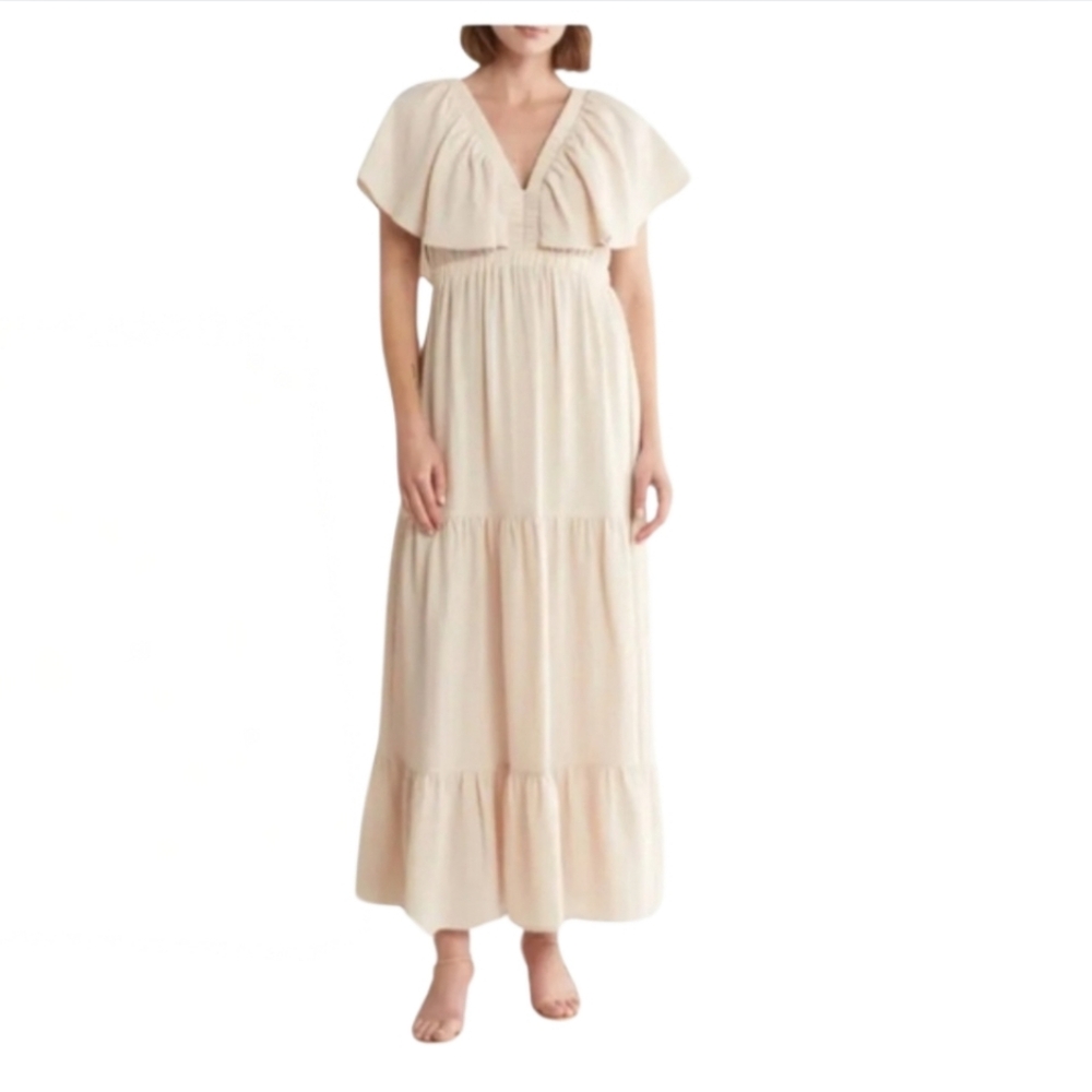 Mila Mae Tiered Maxi Dress Women's Size XL Flutter Sleeves Open Back Tie In Tan
